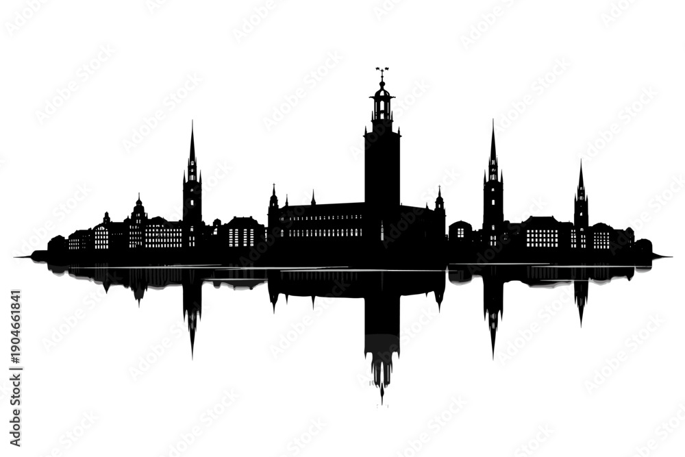 Naklejka premium Black silhouette illustration of Stockholm skyline with the iconic City Hall tower and historic buildings reflected on water. Minimal panoramic cityscape design ideal for travel, architecture