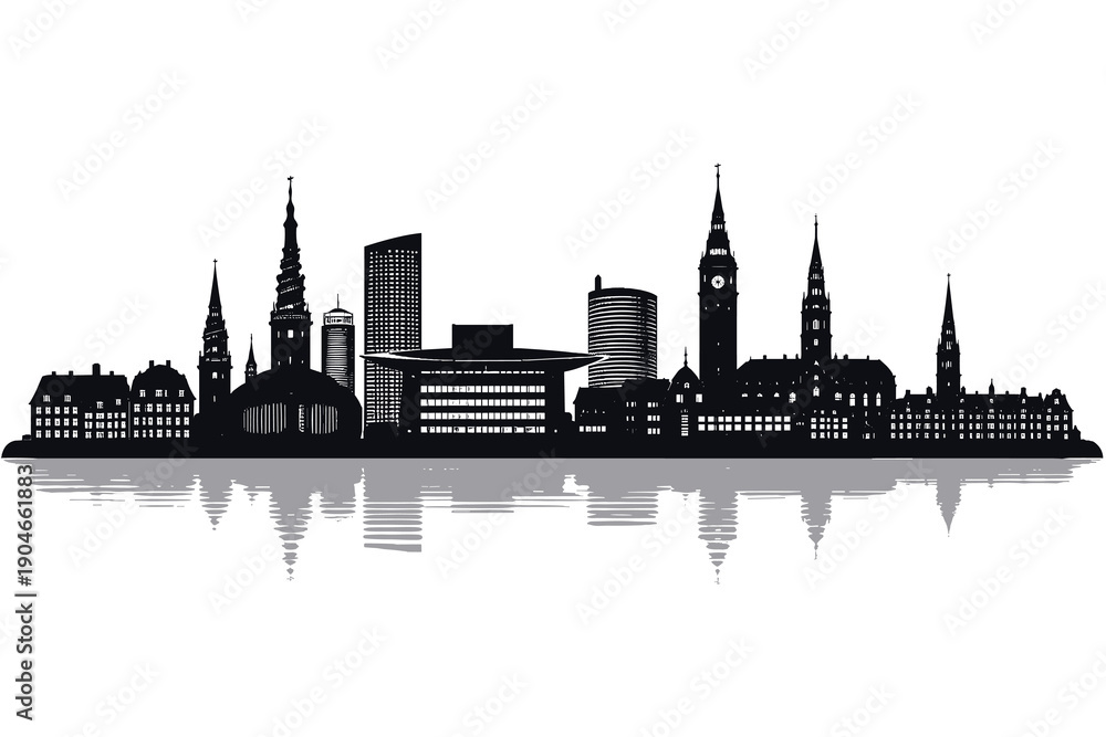 Fototapeta premium Black silhouette illustration of Copenhagen skyline with historic spires and modern buildings reflected on water. Minimal panoramic cityscape design ideal for travel, architecture