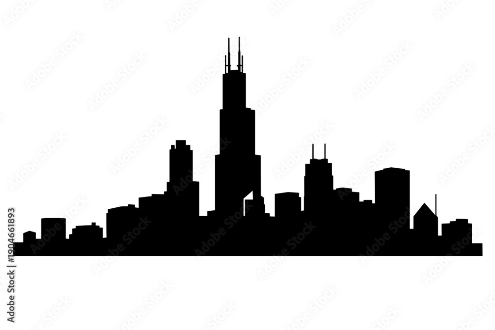 Obraz premium Black silhouette illustration of Chicago skyline featuring iconic skyscrapers including Willis Tower. Minimal panoramic cityscape design suitable for travel, urban, architecture, and business themes.