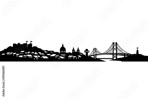 Black silhouette illustration of Lisbon skyline with hillside houses, iconic suspension bridge, and landmark statue. Minimal panoramic cityscape design ideal for travel, architecture
