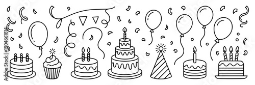 Cakes birthday set with party hats, balloons, and confetti, doodle style, black lines featuring celebration, festive, illustration with hand drawn and dessert elements for sweet treats, anniversary