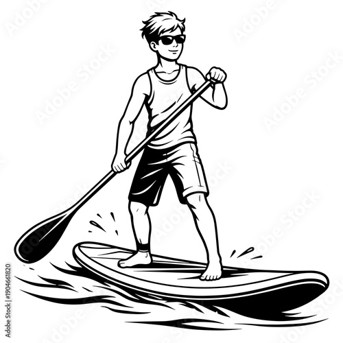 Man paddleboarding on water, black and white vector illustration of stand up paddle surfer, summer sport, outdoor activity and adventure lifestyle concept