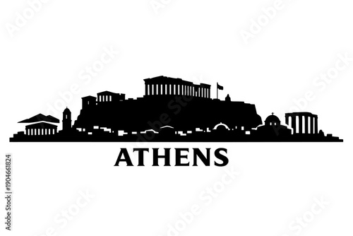 Black silhouette illustration of Athens skyline with the Acropolis and ancient Greek temples. Minimal panoramic cityscape design ideal for travel, history, culture, and architecture projects.