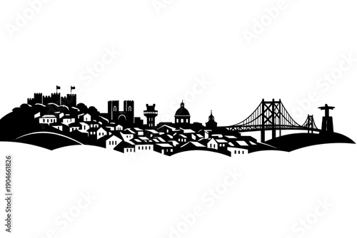 Black silhouette illustration of Lisbon skyline with hillside houses, iconic bridge, and landmark statue. Minimal panoramic cityscape design ideal for travel, architecture, and European city themes.