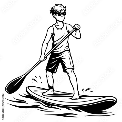 Black and white line art illustration of a boy stand up paddleboarding on water. Dynamic summer sports scene in sketch style, perfect for outdoor adventure themes, kids designs, and coloring pages.