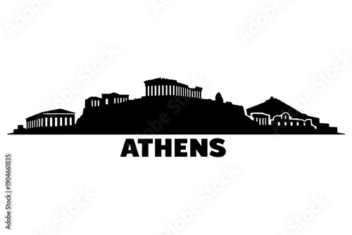 Black silhouette illustration of Athens skyline featuring the Acropolis and ancient Greek temples. Minimal panoramic cityscape design ideal for travel, history, culture, and architecture-themed projec