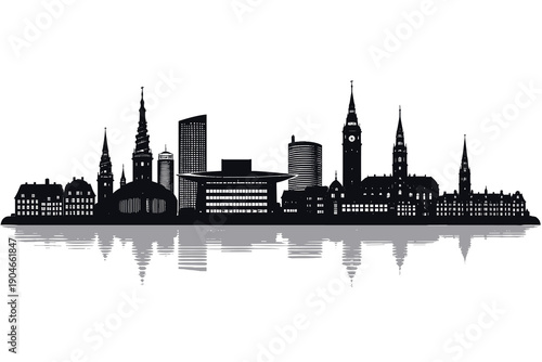 Black silhouette illustration of Copenhagen skyline with historic spires and modern buildings reflected on water. Minimal panoramic cityscape design suitable for travel, architecture