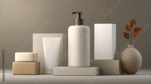 Wallpaper Mural Minimalist skincare product mockup with pump bottle, tube, and vase for elegant cosmetic branding Torontodigital.ca