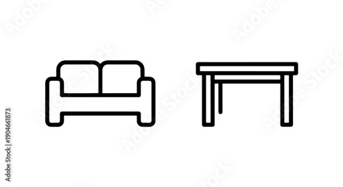 Simple Living Room Furniture Icons: Modern Two-Seater Sofa and Rectangular Table for Home Interior