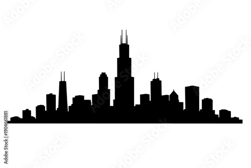 Black silhouette illustration of Chicago skyline featuring iconic skyscrapers and Willis Tower. Minimal panoramic cityscape design suitable for travel, architecture, urban