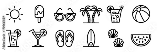 Icons summer set with sun, ice cream, sunglasses, palm trees, cocktails, beach ball, refreshing drinks, flip flops, surfboard, seashells, watermelon featuring vacation symbols, tropical elements,