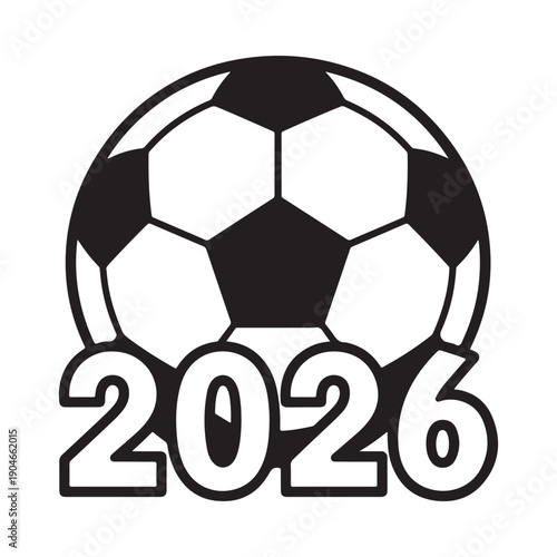 A black and white soccer ball design combined with the year two thousand twenty six