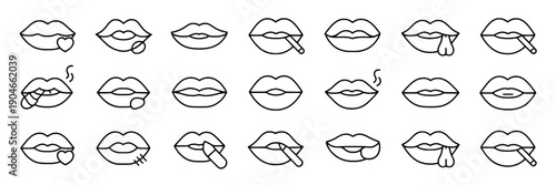 Lips icon set with various expressions and cigarette, black outline minimalist design featuring icons, smoke, kiss with seductive and sensual elements for mouth, lip projects, clean composition on