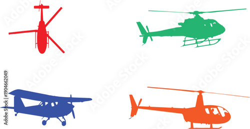 Colorful helicopter and airplane silhouettes isolated on transparent background