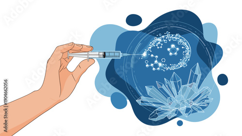 Hand holding a syringe injecting a substance into a crystalline structure for biotechnology or medical research.