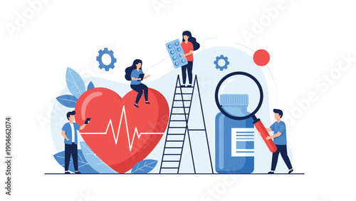 Medical professionals working together around a large heart and medicine bottle for a comprehensive healthcare service.