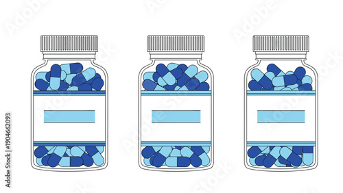 Collection of three pharmaceutical bottles containing blue and light blue capsules for medical treatment and pharmacy.
