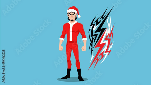 Man in red costume with headphones and energy blast