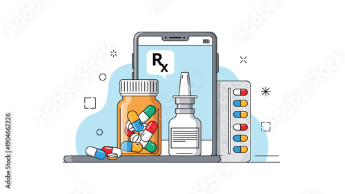 Digital pharmacy concept with medicine bottles, pill packs, and nasal spray in front of a smartphone with Rx symbol.