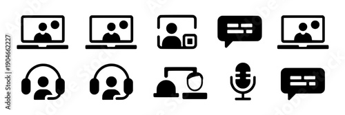 Icons communication set with video conferencing, microphone, and speech bubbles elements featuring chat, message, online meeting with remote work and collaboration elements for technology, user