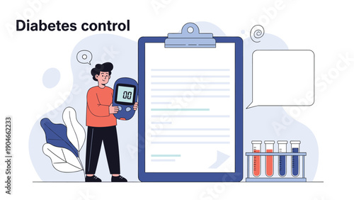 Man standing next to a large clipboard and holding a blood glucose meter for diabetes management and health records.