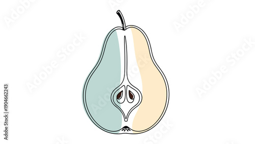 Artistic line drawing of a pear cross section with soft teal and orange color shapes for a modern fruit theme concept.