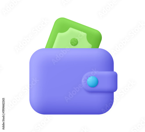 Wallet with dollar banknotes, green cash. Mobile banking and online payment service. Finance, investment , budget and savings concept. 3d vector icon. Cartoon minimal style.