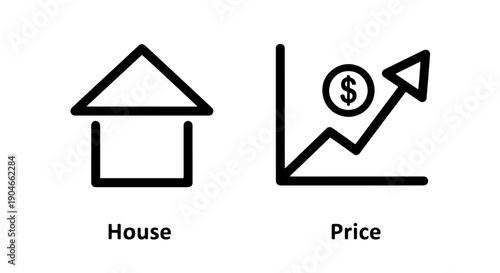 House icon and rising price chart with dollar sign, representing increasing home values and real estate investment.