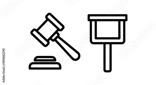 Gavel and block with a blank sign post icon, representing legal proceedings, auctions, and property notices.