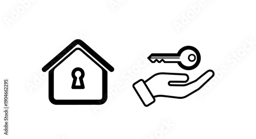 House with keyhole and hand holding a key, symbolizing home access, security, ownership, or real estate transactions.