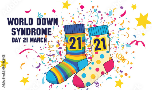 Colorful socks and confetti for world down syndrome awareness day celebration