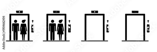 Elevators set with people icons and arrows signs indicating direction up featuring up, black, white with simple and graphic elements for symbols, signage projects, clean composition on simple
