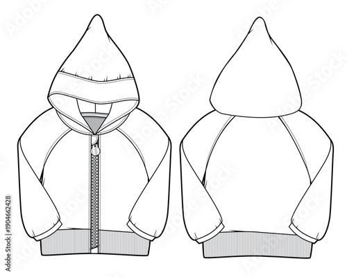 Baby kids full zip raglan sleeve hoodies flat sketch vector mockup template technical illustration.