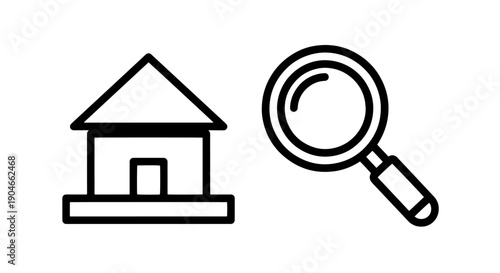 House Search and Property Investigation Outline Icons for Finding a New Home or Real Estate