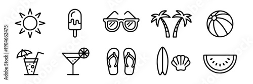 Summer icons set with sun, ice pop, sunglasses, palm trees, volleyball, cocktail, flip flops, surfboard, seashell, and watermelon featuring beach, vacation, travel with leisure and relaxation