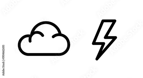 Cloud and Lightning Strike Outline Icons for Weather Forecasting and Electrical Energy