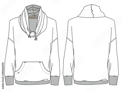 Cowl neck hoodie technical drawing vector mockup template.
