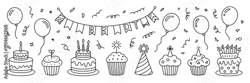 Cakes and cupcakes birthday set with balloons and bunting decoration doodle drawn line style featuring party, celebration, confetti with black and white and festive elements for decorations, treats