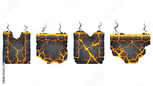 Four cracked black and orange chocolate bars with melting chocolate on top against a white background.