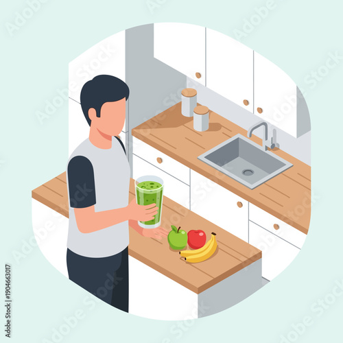 Man preparing a healthy green smoothie in a modern kitchen.