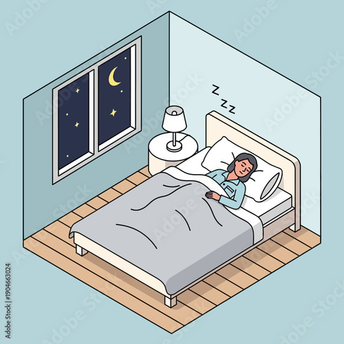 Woman peacefully sleeping in her bed at night with a moonlit window.