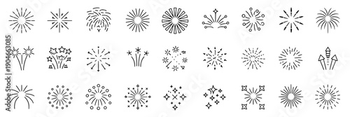 Sparkle line vector set with burst effects and fireworks illustrations in black and white featuring celebration, party, festive with design and graphic elements for art, decoration projects, clean