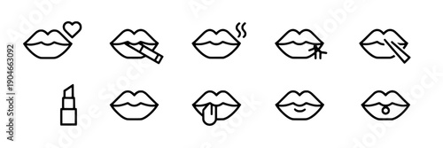 Lips icon set with various expressions and makeup tools in black and white line art style featuring beauty, cosmetic, illustration with vector and graphic elements for design, symbols projects, clean
