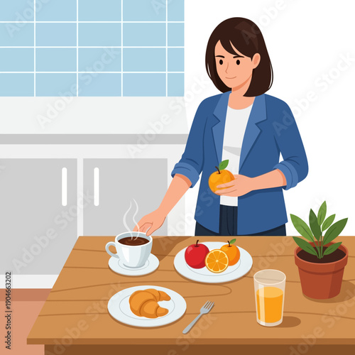 Woman enjoying a healthy breakfast with fresh fruit and coffee.