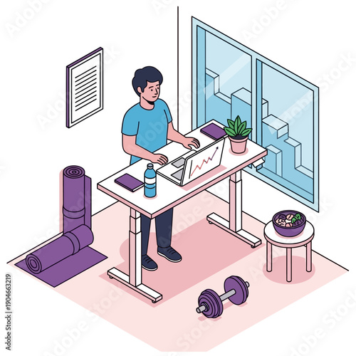 Man working on laptop at home office desk with fitness equipment nearby.