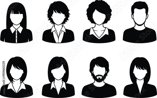 Black and White Silhouette Avatars, Diverse Hairstyles and Clothing Styles, Professional Team Profiles, Social Identity Representation, User Interface Icons