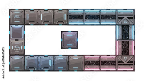 Top-down view of a colorful, futuristic robotic frame with various metallic components and blue accents on a white background.