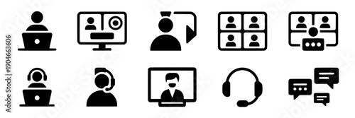 Icons video conference set with black simple designs, minimalist remote work symbols, modern communication glyphs featuring glyph, web conferencing, online meeting with collaboration and team