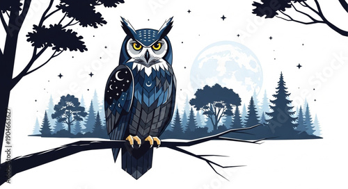Majestic Owl Perched on Branch Under Full Moon.