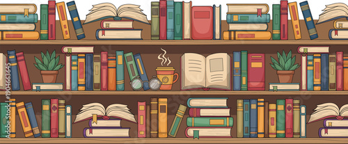 Colorful Cartoon Bookshelf Illustration with Books, Plants, Eyeglasses, Coffee Cup, and Open Pages, Symbolizing Reading, Education, and Cozy Study Spaces